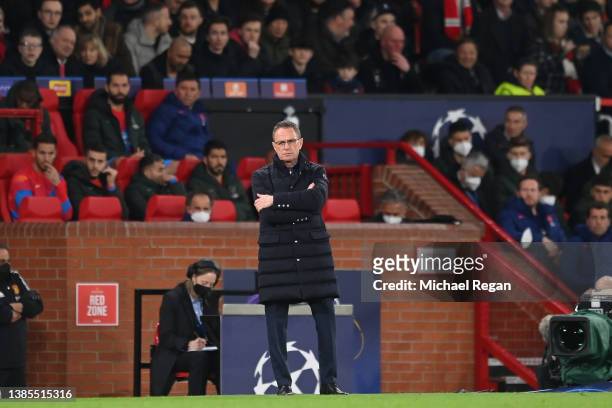 Ralf Rangnick, Interim Manager of Manchester United looks on during the UEFA Champions League Round Of Sixteen Leg Two match between Manchester...