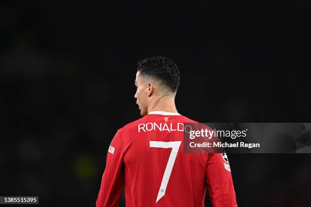 Cristiano Ronaldo of Manchester United looks on during the UEFA Champions League Round Of Sixteen Leg Two match between Manchester United and...