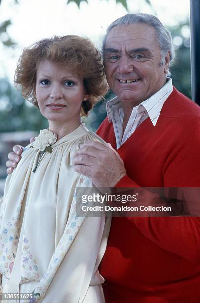 Actor Ernest Borgnine poses for a portrait with his wife Tova Traesnaes Borgnine at their home in circa 1980 in Los Angeles, California.