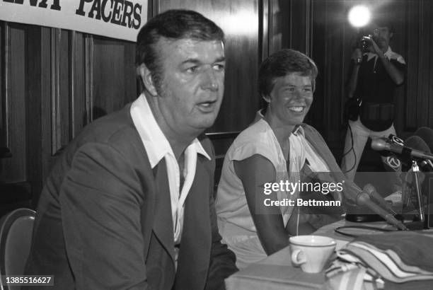 Ann Meyers, , former Olympian and UCLA basketball star, smiles as Indian Pacers owner Sam Nessi announces that he will treat her like any other...