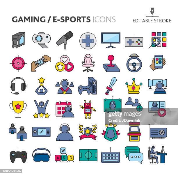 eスポ�ーツやゲーム、ゲーム機器、ゲーム、オンラインストリーマー、大きな細線アイコンセットを獲得 - 編集可能なストローク - ゲーミングステーション点のイラスト素材／クリップアート素材／マンガ素材／アイコン素材