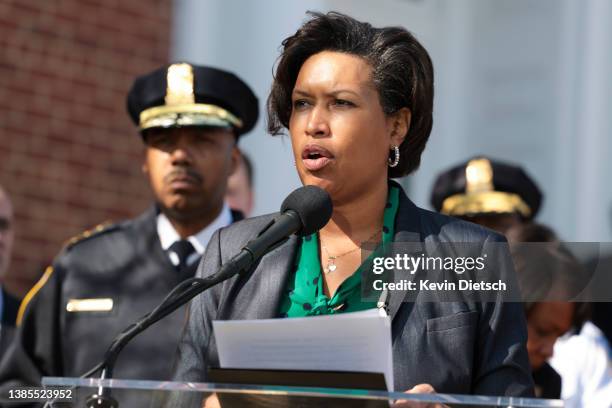 Washington, DC Mayor Muriel Bowser and Washington Metropolitan Police Chief Robert Contee III speak at a press conference on the recent shootings of...