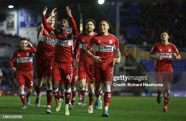 Folarin Balogun celebrates with teammate Marcus Tavernier of Middlesbrough after scoring their team's second goal during the Sky Bet Championship...