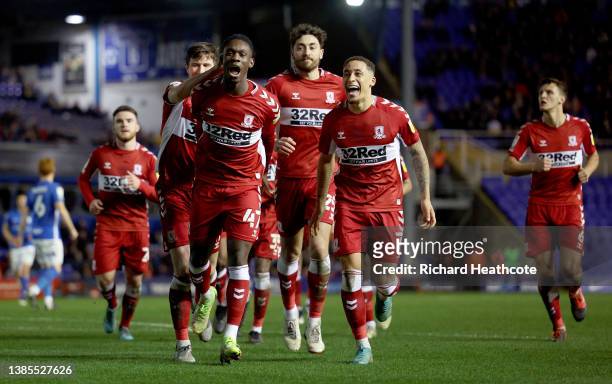 Folarin Balogun celebrates with teammate Marcus Tavernier of Middlesbrough after scoring their team's second goal during the Sky Bet Championship...
