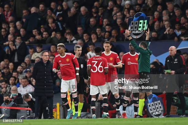 Marcus Rashford, Paul Pogba and Nemanja Matic of Manchester United enter the pitch as part of a triple substitution during the UEFA Champions League...