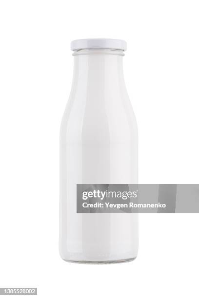 milk bottle isolated on white background - yoghurt lid stock pictures, royalty-free photos & images