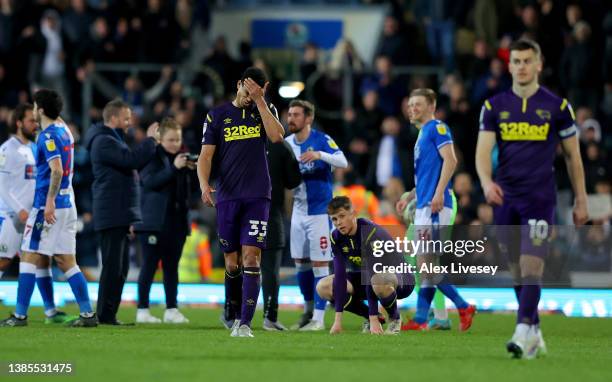 Curtis Davies of Derby County looks dejected following their side's defeat in the Sky Bet Championship match between Blackburn Rovers and Derby...