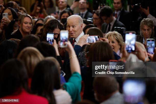 President Joe Biden arrives for an event celebrating Equal Pay Day in the East Room of the White House on March 15, 2022 in Washington, DC. Marking...
