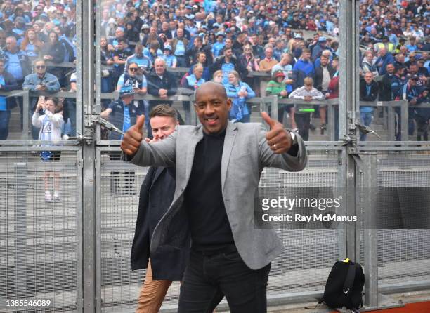 Dublin , Ireland - 2 July 2023; Dion Dublin, former footballer with Manchester United, Coventry City and Aston Villa, and Thomas Niblock in...