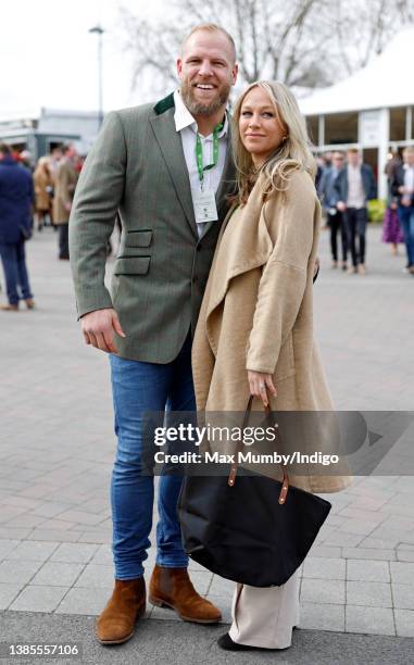 James Haskell and Chloe Madeley attend day 1 'Champion Day' of the Cheltenham Festival at Cheltenham Racecourse on March 15, 2022 in Cheltenham,...