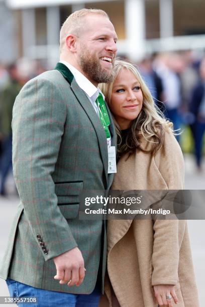 James Haskell and Chloe Madeley attend day 1 'Champion Day' of the Cheltenham Festival at Cheltenham Racecourse on March 15, 2022 in Cheltenham,...