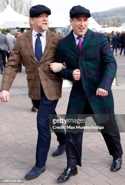 Mike Tindall and Peter Philips attend day 1 'Champion Day' of the Cheltenham Festival at Cheltenham Racecourse on March 15, 2022 in Cheltenham,...