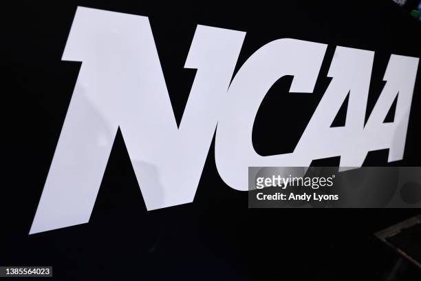 Detailed view of the NCAA logo during a game between the Texas Southern Tigers and the Texas A&M-CC Islanders in the First Four game of the 2022 NCAA...