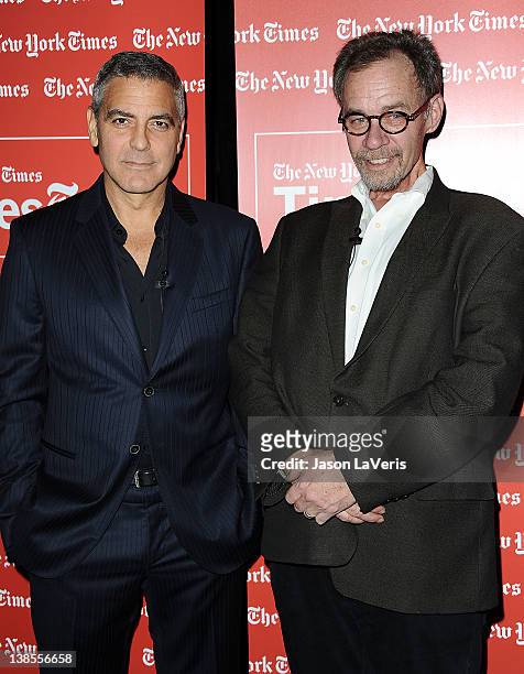 Actor George Clooney and David Carr attend the West Coast TimesTalks at SilverScreen Theater at the Pacific Design Center on February 8, 2012 in West...