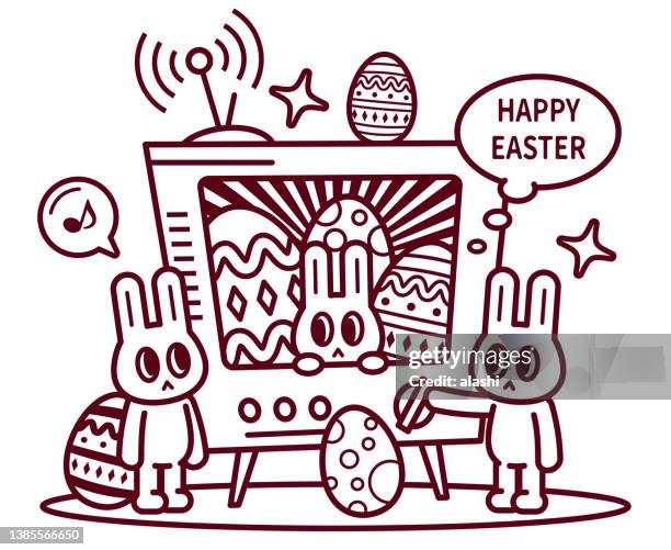 happy easter bunny turning on the tv and watching easter movies and tv show episodes - easter fantasy stock illustrations