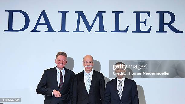 The Daimler Board of Directors Andreas Renschler, Bodo Uebber, and CEO of Daimler AG, Dieter Zetsche are seen during the company's financial...