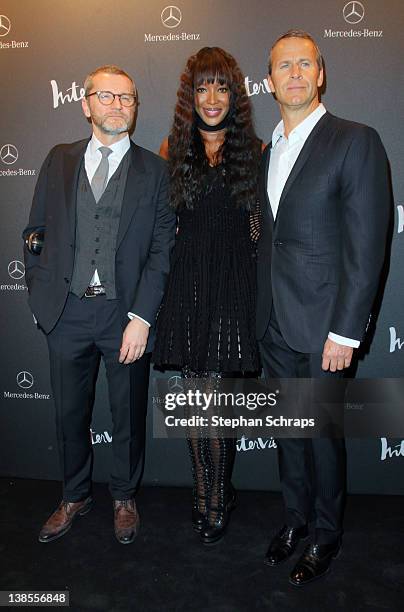Bernd Runge, Model Naomi Campbell and Vladislav Doronin attend the INTERVIEW Germany Launch Party at Auguststrasse 11 on February 08, 2012 in Berlin,...