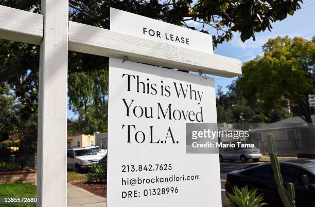 For Lease" sign is posted in front of a house available for rent on March 15, 2022 in Los Angeles, California. Single-family rental home prices are...