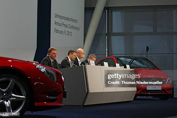 The Daimler Board of Directors Andreas Renschler, Bodo Uebber, and CEO of Daimler AG, Dieter Zetsche are seen during the company's financial...