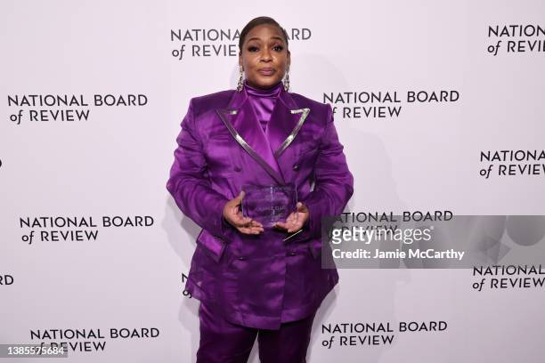 Aunjanue Ellis poses with the award for Best Supporting Actress for 'King Richard' at the National Board of Review annual awards gala at Cipriani...