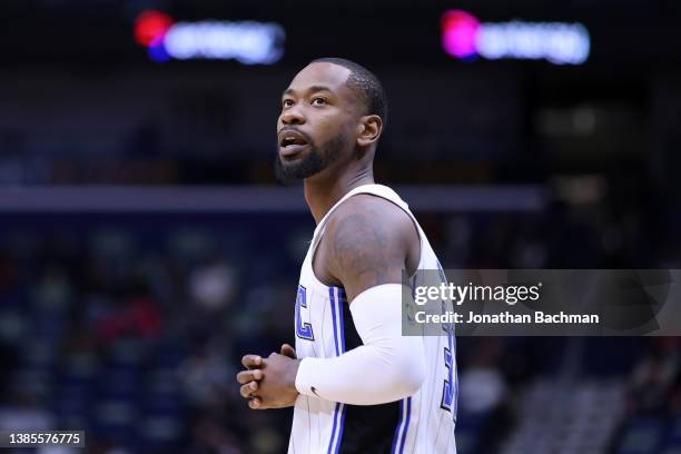 Terrence Ross of the Orlando Magic reacts against the New Orleans Pelicans during a game at the Smoothie King Center on March 09, 2022 in New...