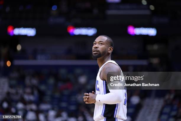 Terrence Ross of the Orlando Magic reacts against the New Orleans Pelicans during a game at the Smoothie King Center on March 09, 2022 in New...