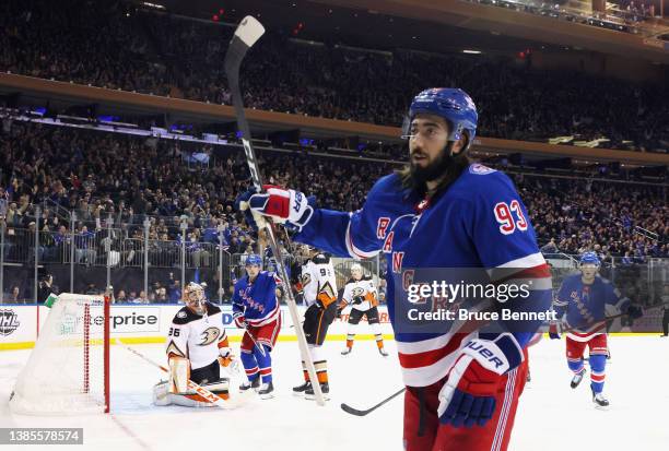 Mika Zibanejad of the New York Rangers scores at 3:06 of the second period against the Anaheim Ducks at Madison Square Garden on March 15, 2022 in...