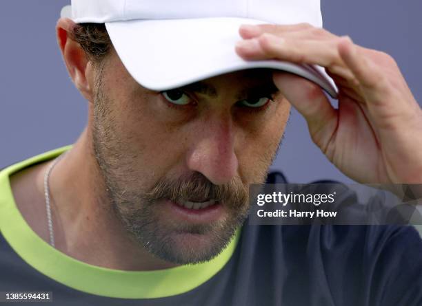 Steve Johnson of The United States reacts to a point n his loss to Hubert Hurkacz of Poland during the BNP Parisbas Open at the Indian Wells Tennis...