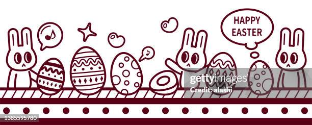 illustrations, cliparts, dessins animés et icônes de groupe de lapins de pâques faisant des oeufs de pâques dans une usine avec des lignes de production - bunny eggs