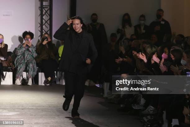 William Fan gestures at the William Fan Fashion Show during the Berlin Fashion Week March 2022 at Hamburger Bahnhof on March 15, 2022 in Berlin,...