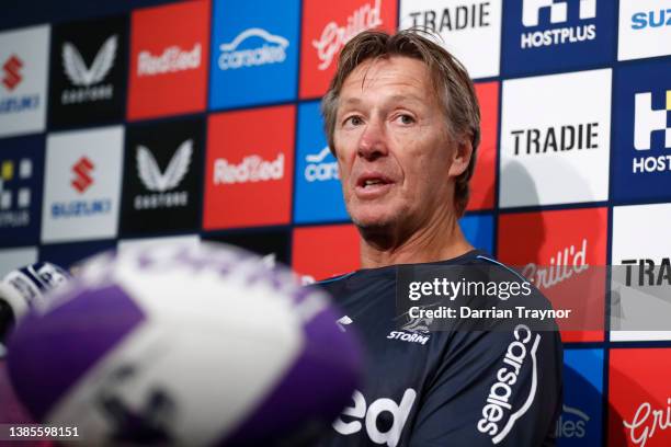 Coach of the Melbourne Storm, Craig Bellamy speaks to the media during a press conference ahead of his 500th game as Melbourne Storm coach, at AAMI...