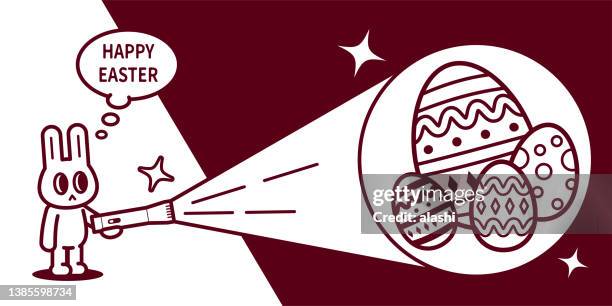 happy easter bunny shines a flashlight and finds easter eggs - easter egg hunt stock illustrations