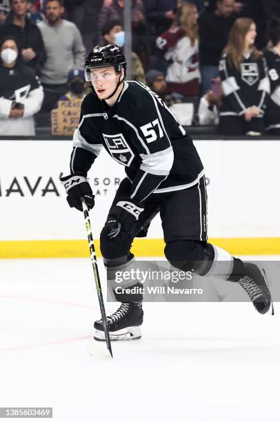 Los Angeles Kings defenseman Jacob Moverare looks on during pregame against the Colorado Avalanche at Crypto.com Arena on February 26, 2022 in Los...