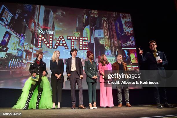 Rueby Wood, Lisa Kudrow, Joshua Bassett, Aria Brooks, Michelle Federer, Norbert Leo Butz, and Tim Federle attend the Los Angeles Premiere of Disney's...