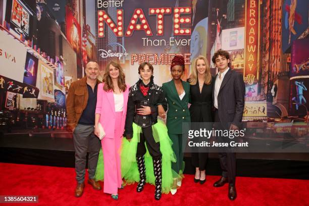 Norbert Leo Butz, Michelle Federer, Rueby Wood, Aria Brooks, Lisa Kudrow, and Joshua Bassett attend the Los Angeles Premiere of Disney's "Better Nate...