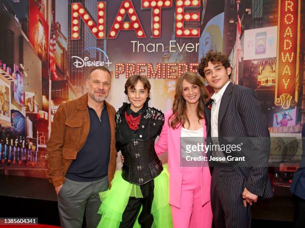 Norbert Leo Butz, Rueby Wood, Michelle Federer, and Joshua Bassett attend the Los Angeles Premiere of Disney's "Better Nate Than Ever" at El Capitan...