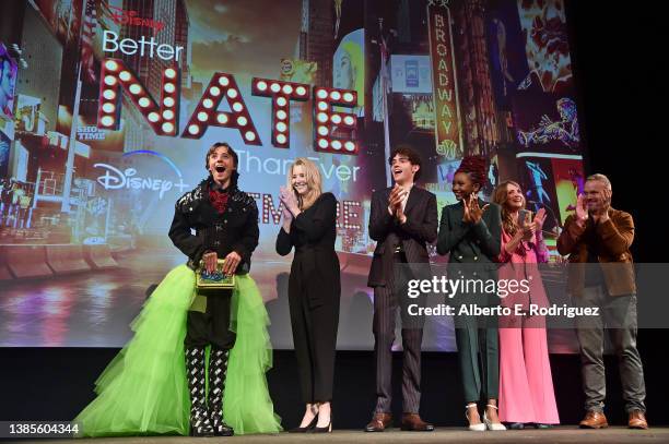 Rueby Wood, Lisa Kudrow, Joshua Bassett, Aria Brooks, Michelle Federer, and Norbert Leo Butz attend the Los Angeles Premiere of Disney's "Better Nate...