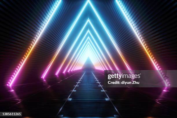 3d rendered empty tunnel with abstract design style - neon tunnel stock pictures, royalty-free photos & images