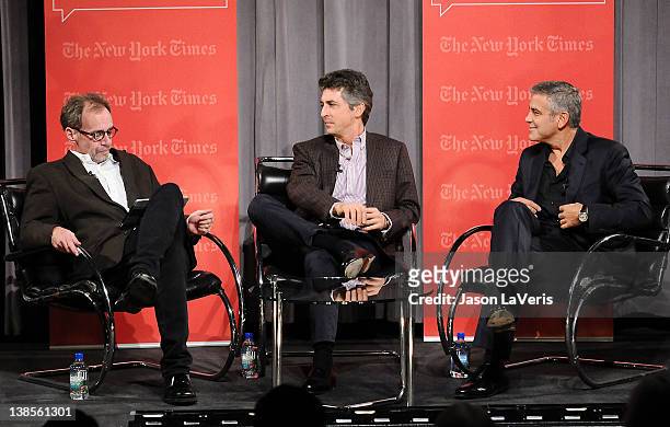 Moderator David Carr, director Alexander Payne and actor George Clooney attend the West Coast TimesTalks at SilverScreen Theater at the Pacific...
