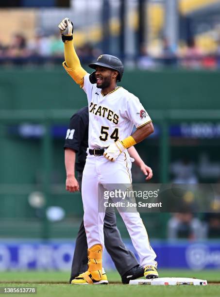 Josh Palacios of the Pittsburgh Pirates celebrates after hitting a double during the second inning against the Milwaukee Brewers at PNC Park on July...