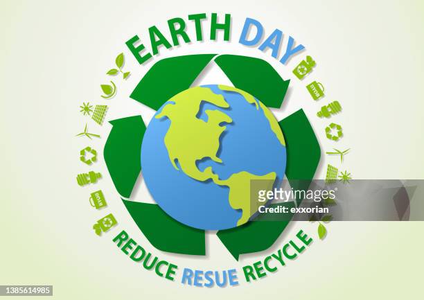 ilustraciones, imágenes clip art, dibujos animados e iconos de stock de planeta del día de la tierra y símbolo ecológico - improvisar