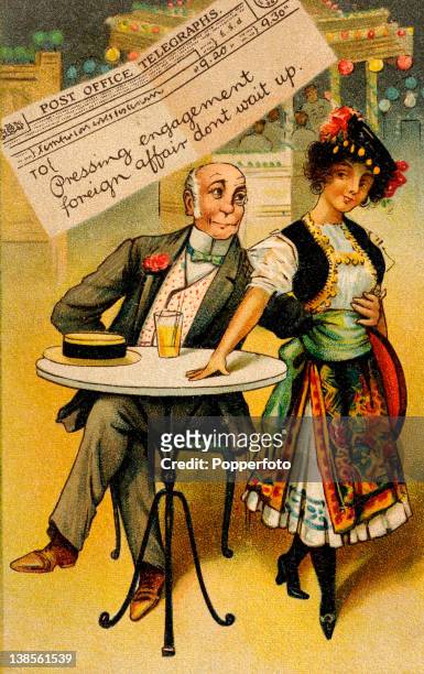 Colour illustration featured on a humourous postcard involving an older gentleman, a foreign woman, a telegram and double entendre, circa 1910.