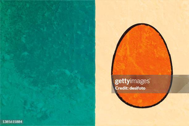 a  two colour teal green and beige colour horizontal vector  wall  surface like backgrounds with an abstract messy dirty grunge textured effect, divided or partitioned into two equal halves with one orange color bright vibrant oval egg - dirty easter stock illustrations