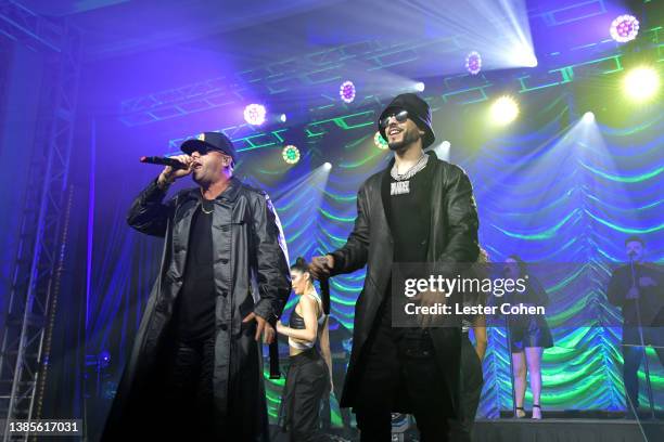 Wisin & Yandel perform onstage during the 2022 BMI Latin Awards at Beverly Wilshire, A Four Seasons Hotel on March 15, 2022 in Beverly Hills,...