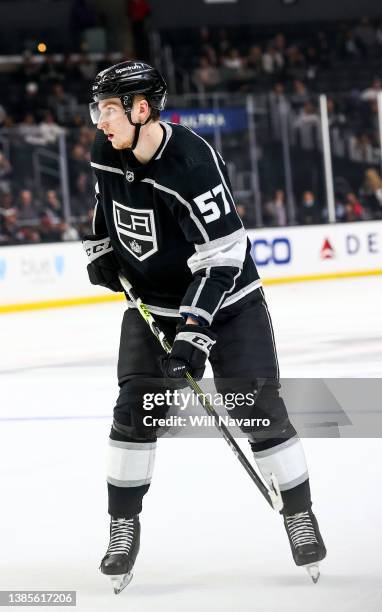 Los Angeles Kings defenseman Jacob Moverare looks on during the third period against the Colorado Avalanche at Crypto.com Arena on February 26, 2022...