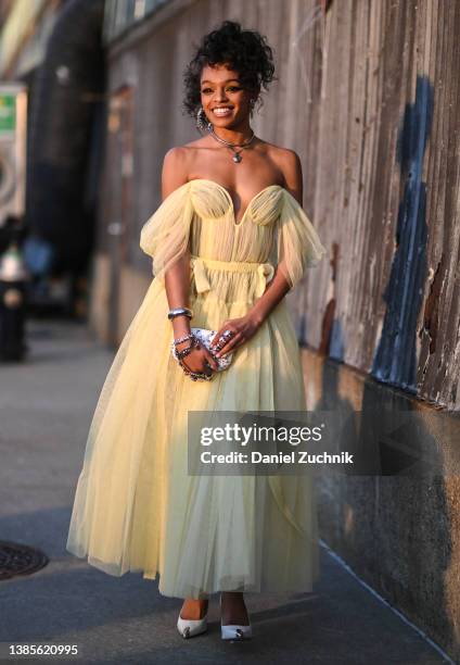 Selah Marley is seen wearing a yellow Alexander McQueen dress outside the Alexander McQueen AW22 show on March 15, 2022 in the borough of Brooklyn,...