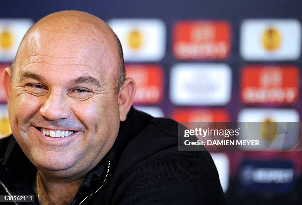 Rennes' French coach Frederic Antonetti attends a press conference on the eve of the Group I UEFA Europa League football match Rennes against Cetltic...