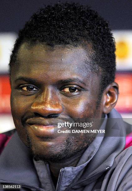 Rennes' Senegalese defender and captain Kader Mangane attends a press conference on the eve of the Group I UEFA Europa League football match Rennes...