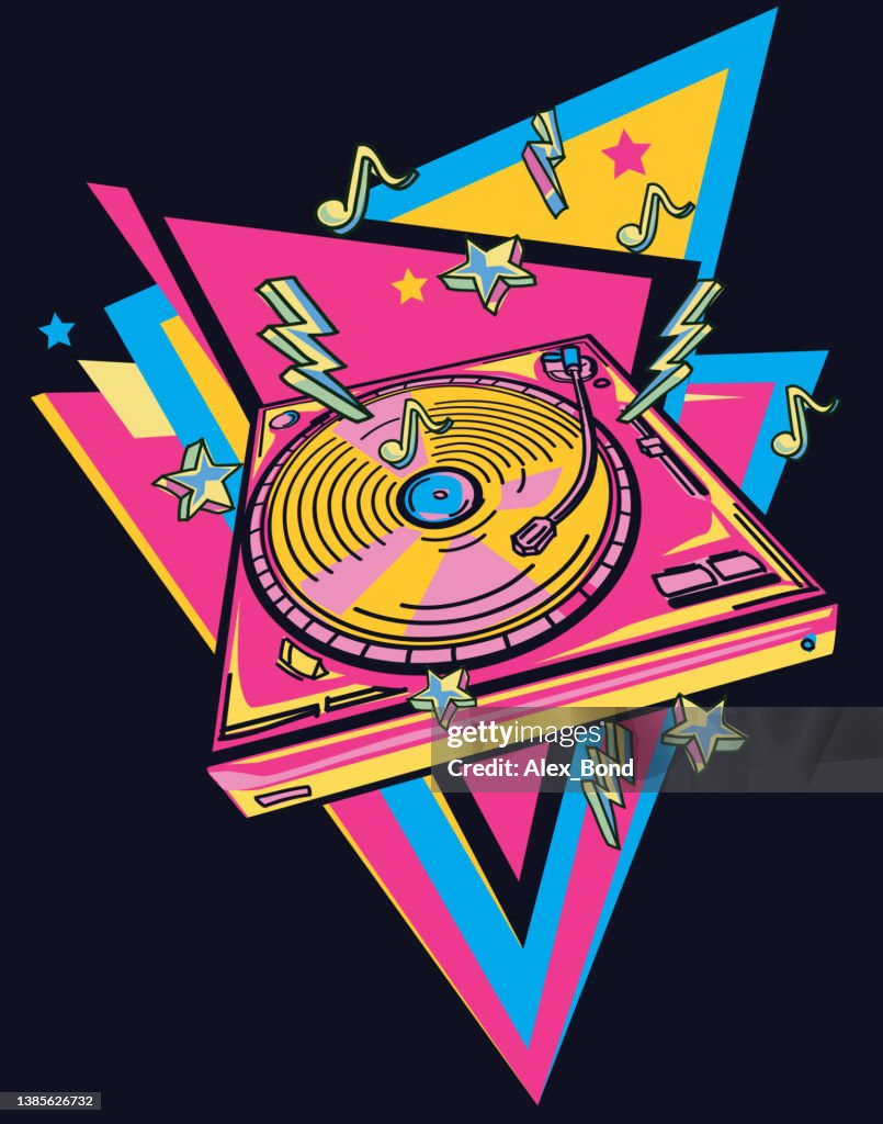 Wall Art Print Colorful musical turntable emblem 80s style design