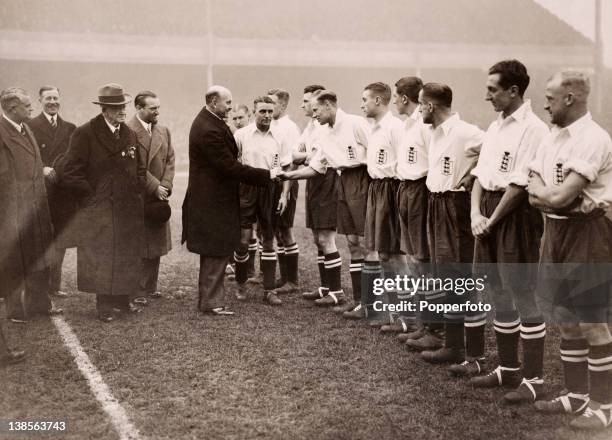 Pre-match formalities prior to the International between England and Italy at Highbury Stadium in London, 14th November 1934. In this photograph the...